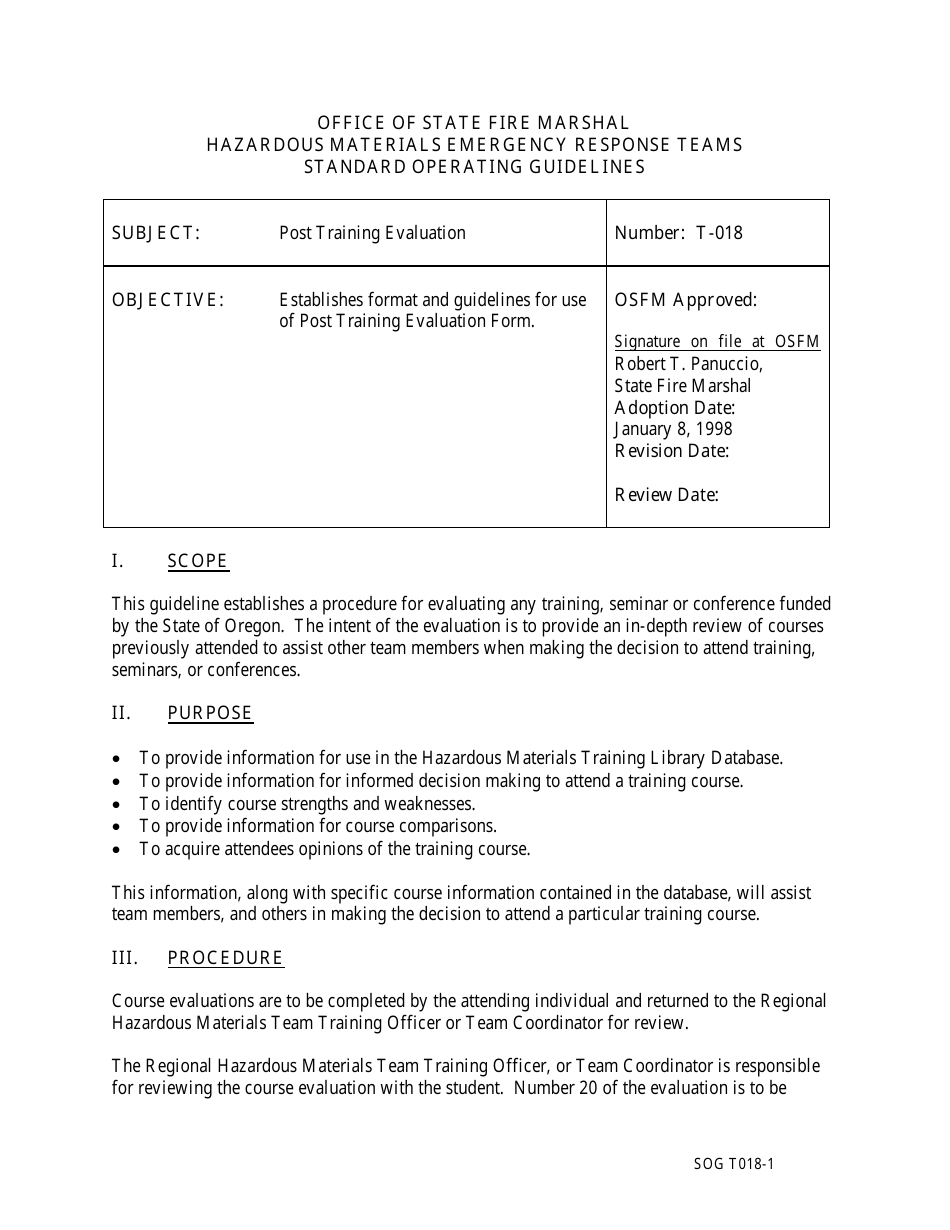 Form SOG T018 Hazardous Materials Post Training Evaluation - Oregon, Page 1
