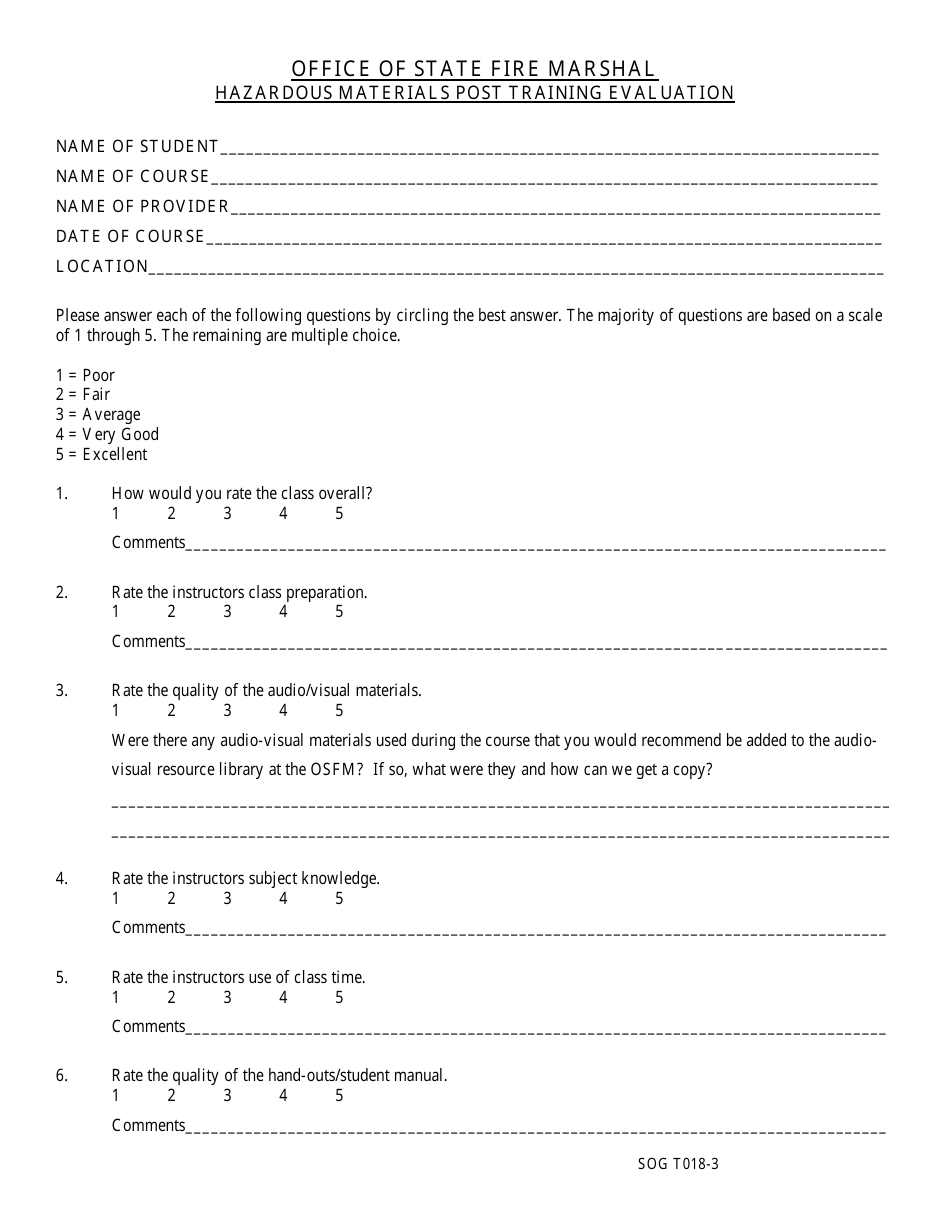 Form SOG T018 Hazardous Materials Post Training Evaluation - Oregon, Page 3