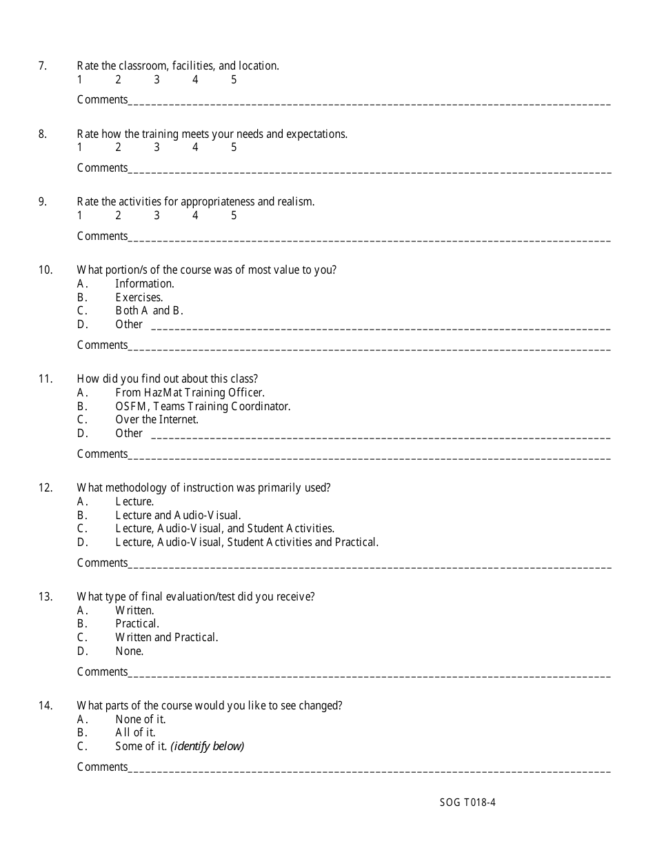 Form SOG T018 Hazardous Materials Post Training Evaluation - Oregon, Page 4