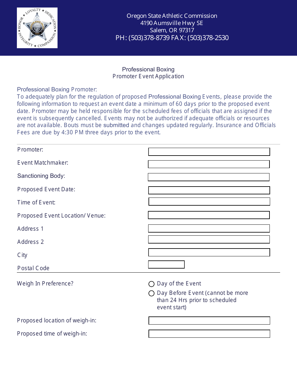 Professional Boxing Promoter Event Application - Oregon, Page 1
