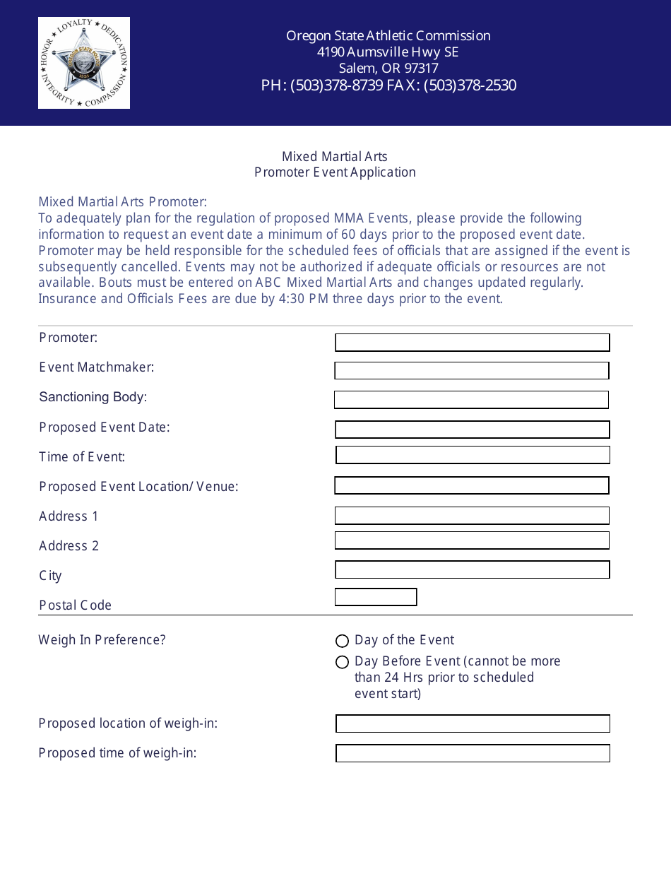 Mixed Martial Arts Promoter Event Application - Oregon, Page 1