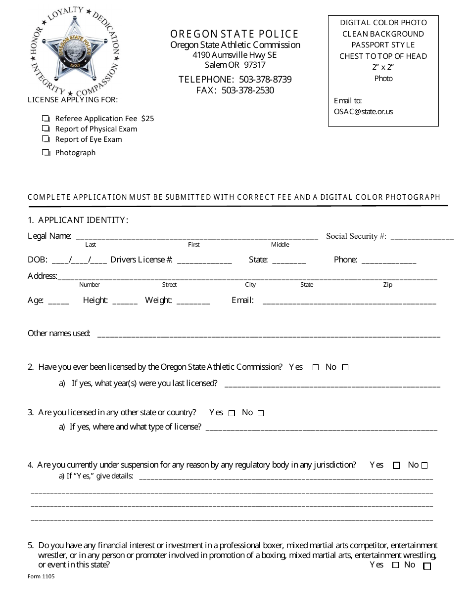 Form 1105 Referee Application - Oregon, Page 1
