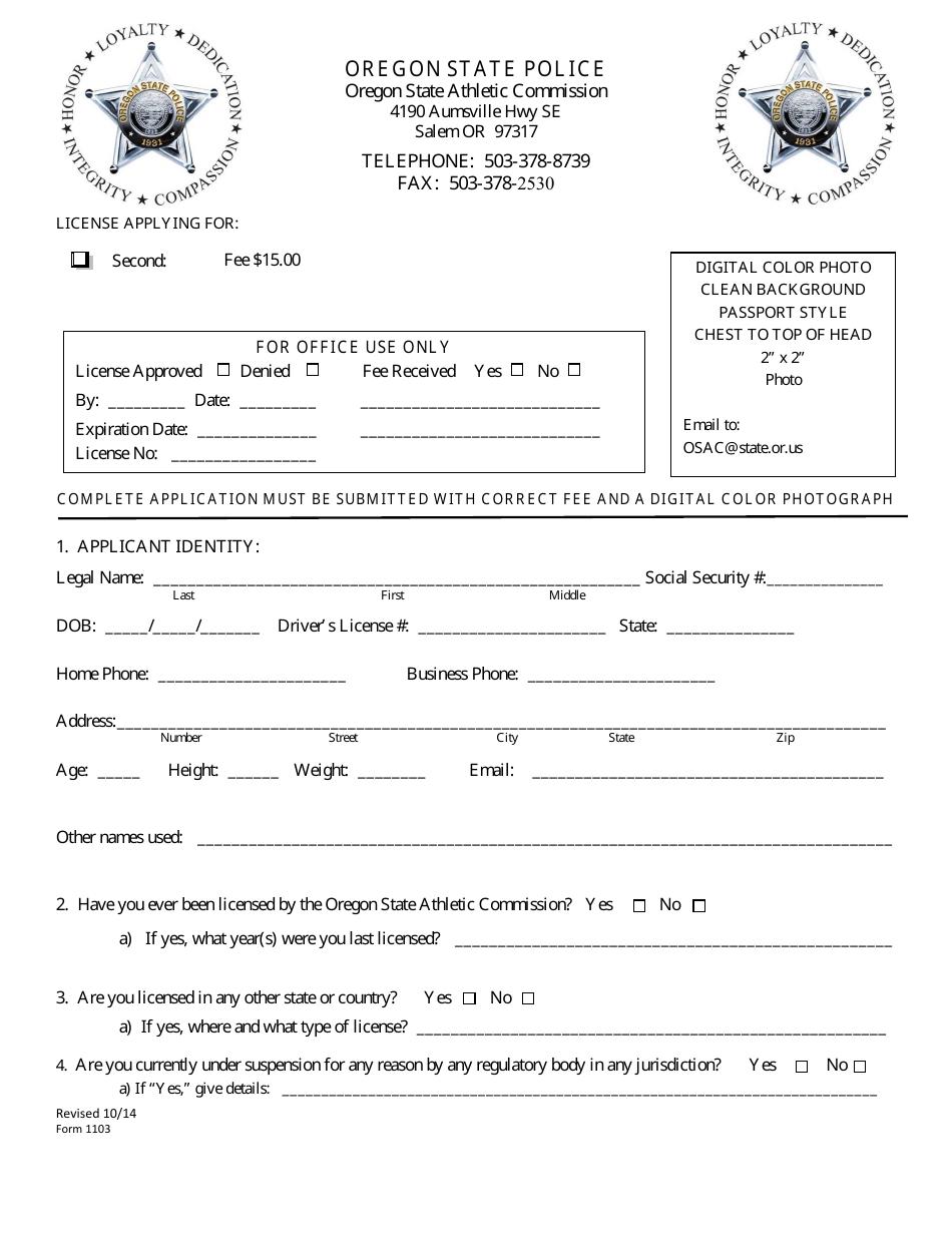 Form 1103 Second Application - Oregon, Page 1