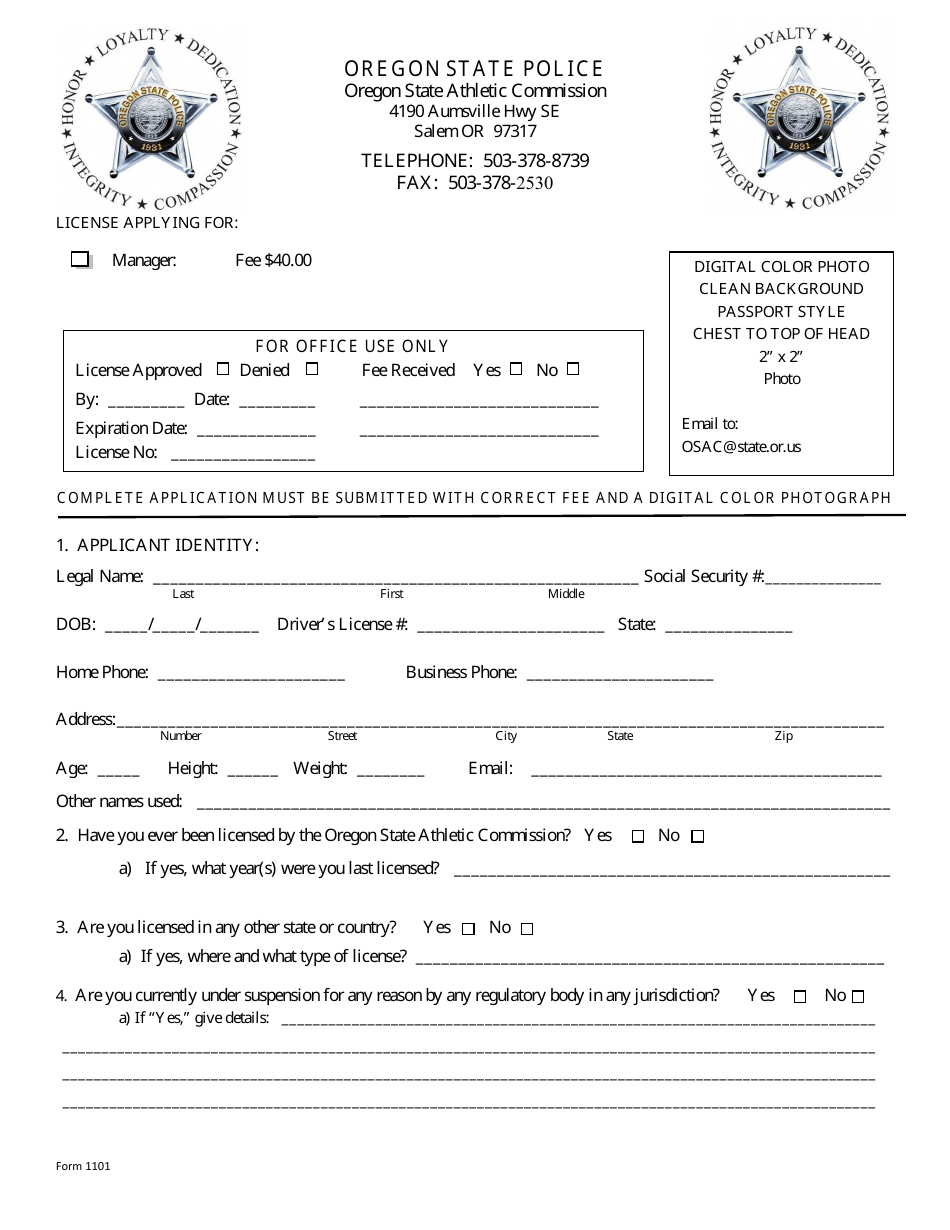 Form 1101 - Fill Out, Sign Online and Download Fillable PDF, Oregon ...