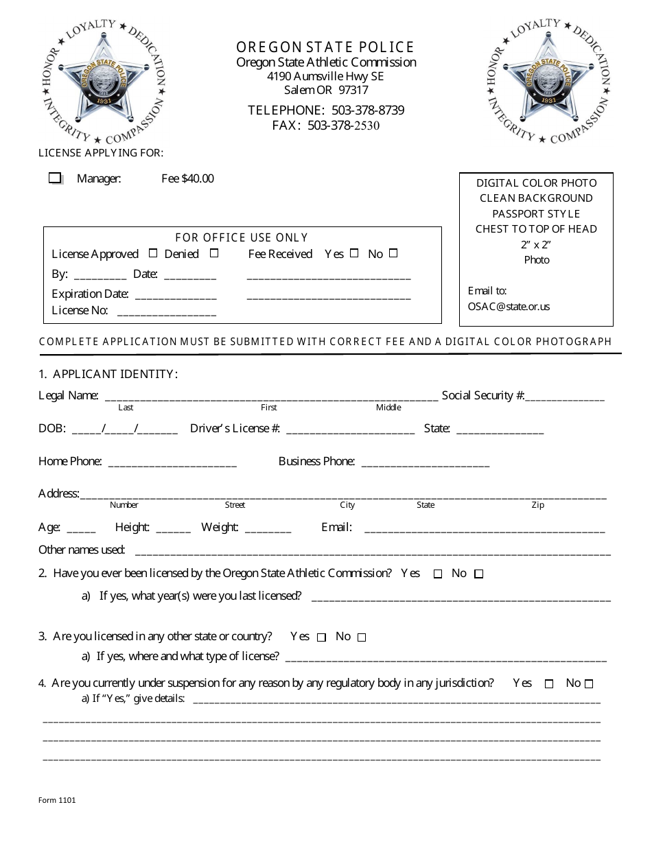 Form 1101 Manager Application - Oregon, Page 1