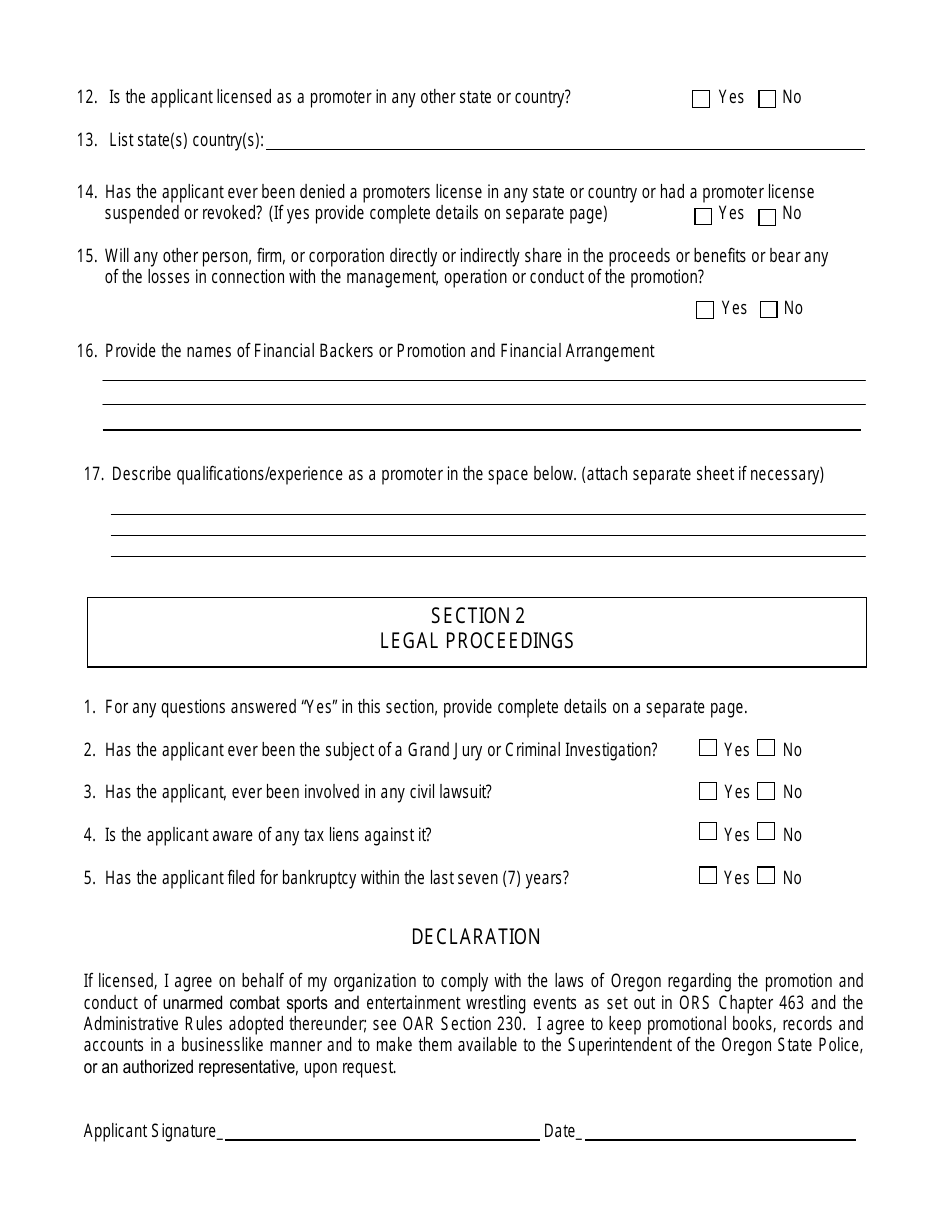 Oregon Entertainment Wrestling Promoter License Application - Fill Out ...