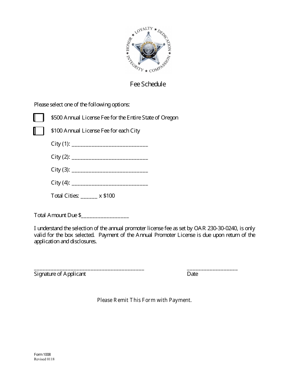 Form 1008 Fee Schedule - Oregon, Page 1