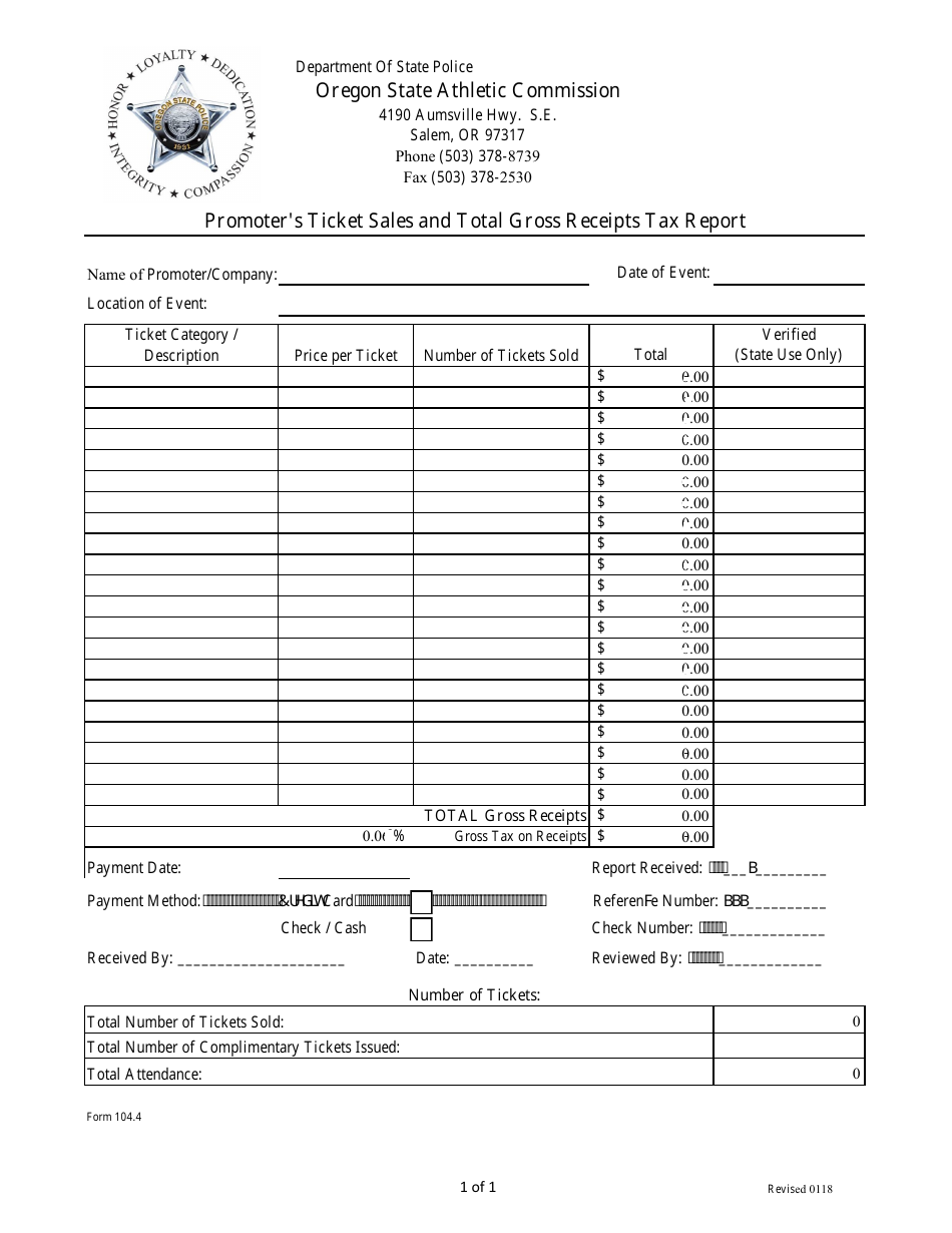 Form 104.4 Promoters Ticket Sales and Total Gross Receipts Tax Report - Oregon, Page 1