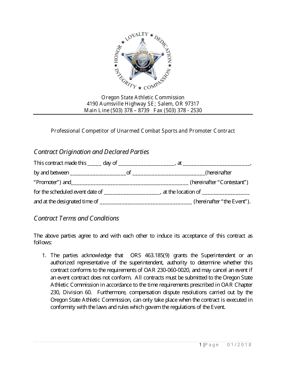 Professional Competitor of Unarmed Combat Sports and Promoter Contract - Oregon, Page 1