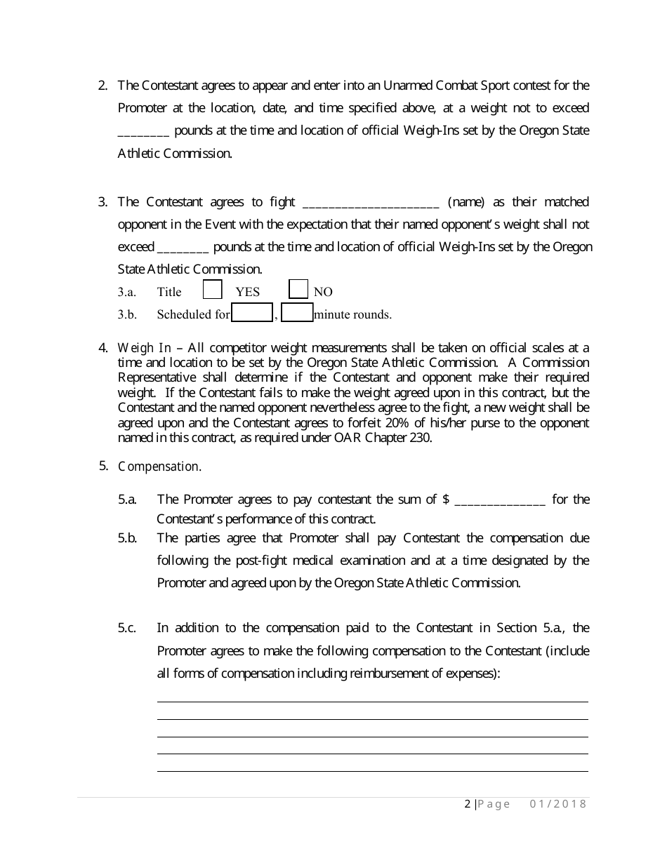 Professional Competitor of Unarmed Combat Sports and Promoter Contract - Oregon, Page 2
