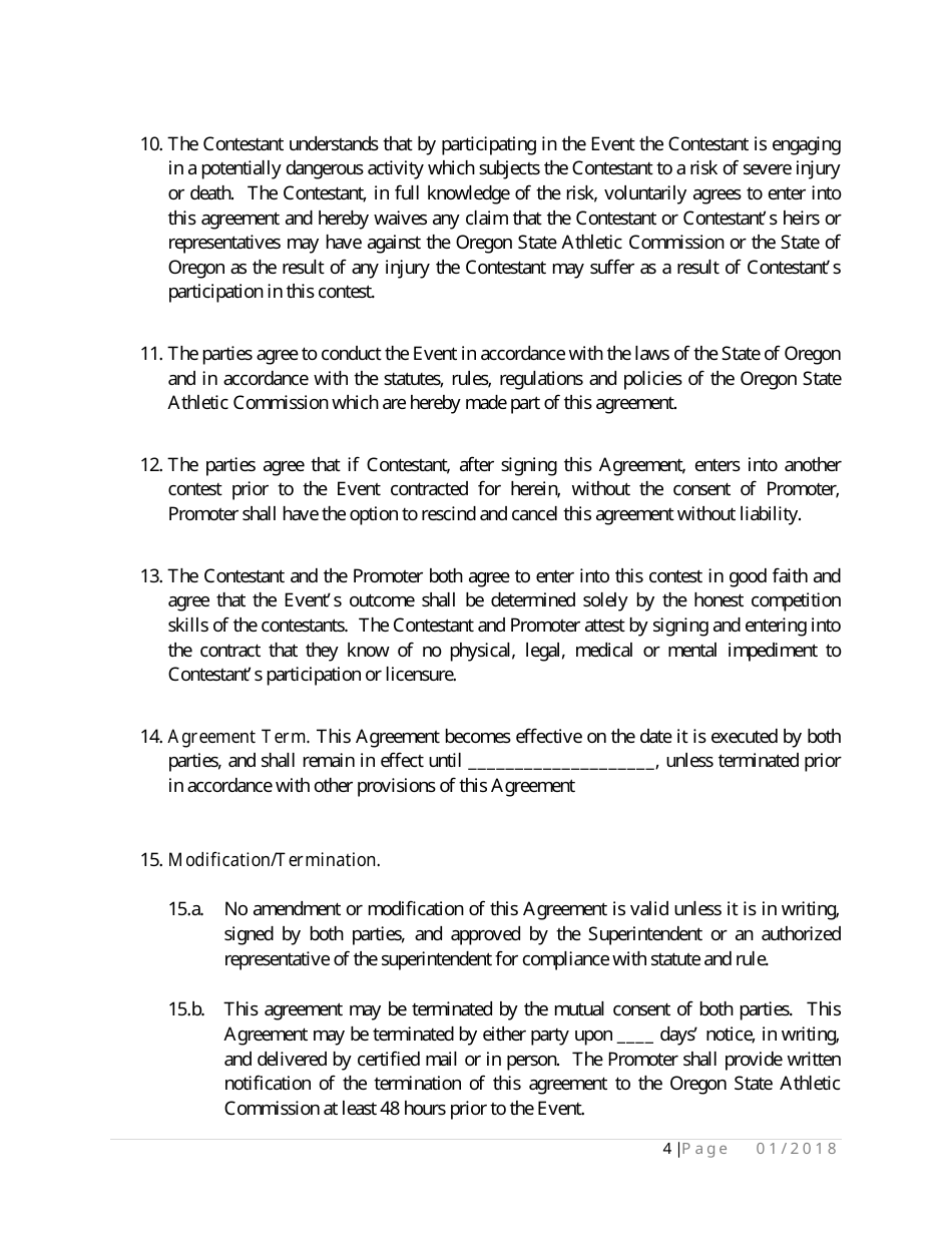 Professional Competitor of Unarmed Combat Sports and Promoter Contract - Oregon, Page 4
