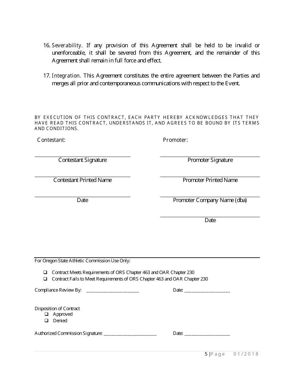 Professional Competitor of Unarmed Combat Sports and Promoter Contract - Oregon, Page 5