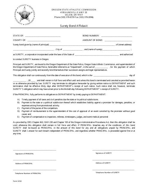 Form 1010 Surety Bond Affidavit - Oregon