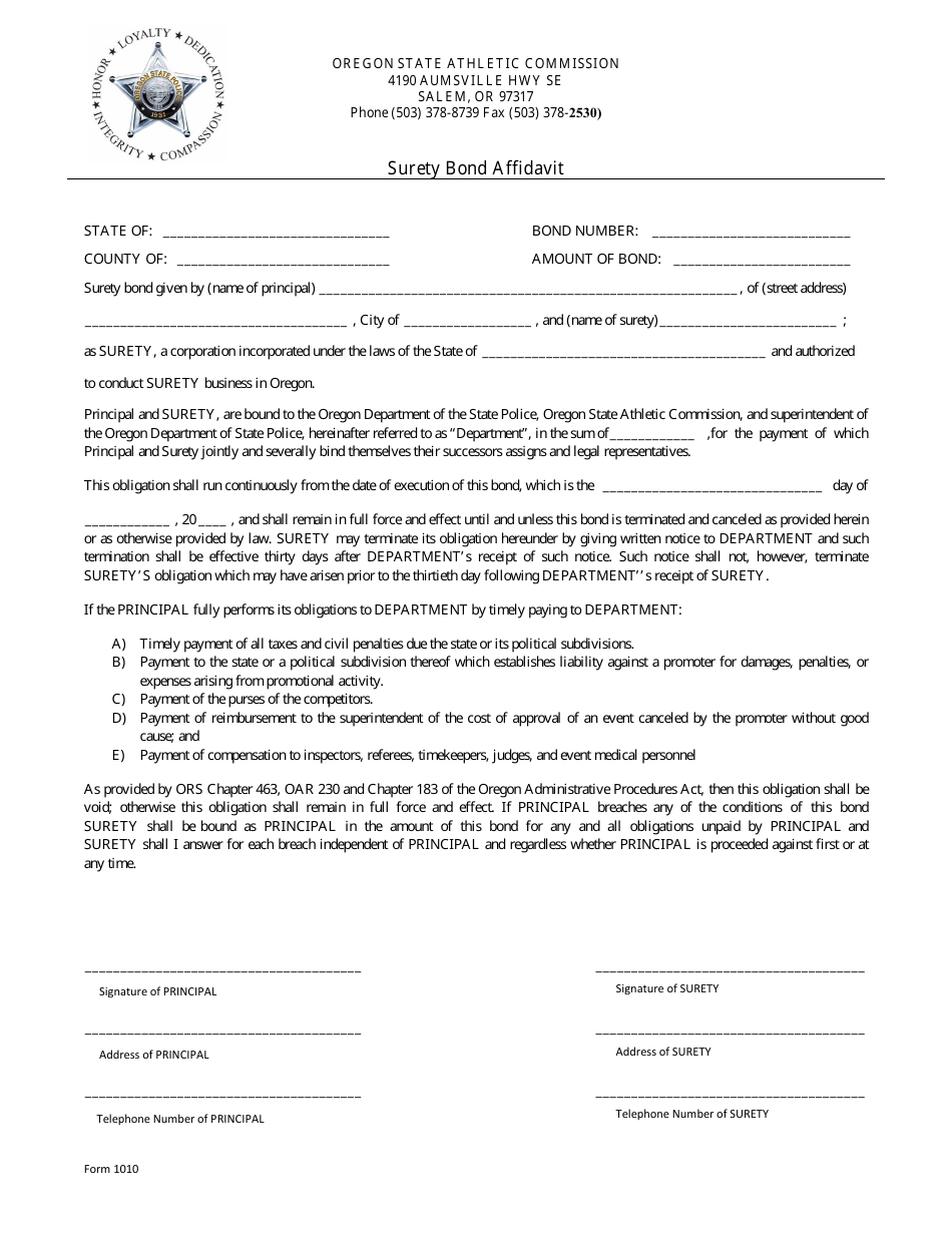 Form 1010 Surety Bond Affidavit - Oregon, Page 1