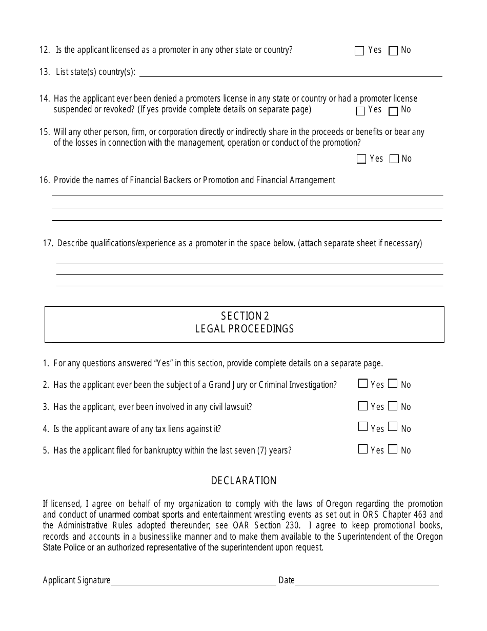 Form 1011 Unarmed Combat Sports Promoter License Application - Oregon, Page 4