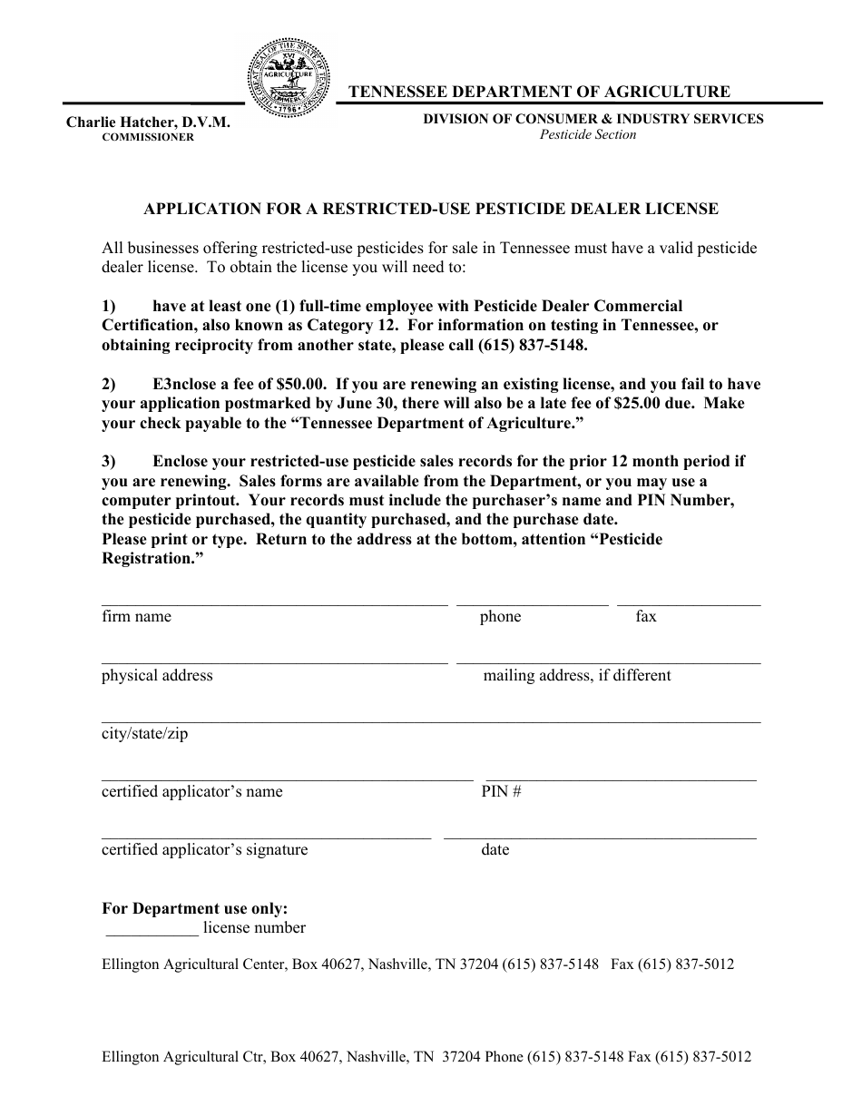 Application for a Restricted-Use Pesticide Dealer License - Tennessee, Page 1