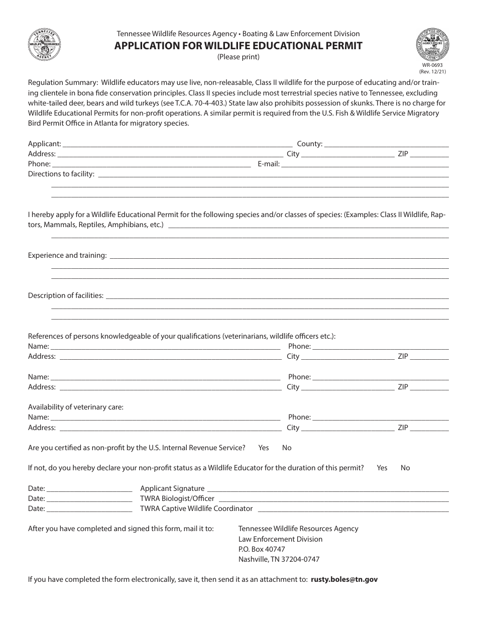 Application for Wildlife Educational Permit - Tennessee, Page 1
