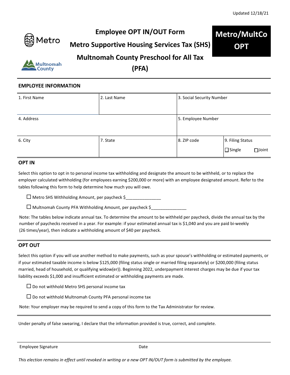 Form METRO / MULTCO OPT Employee Opt in / Out Form - Metro Supportive Housing Services Tax (Shs) Multnomah County Preschool for All Tax (Pfa) - Multnomah County, Oregon, Page 1