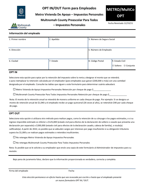 Formulario METRO/MULTCO OPT Opt in/Out Form Para Empleados - Metro Vivienda De Apoyo - Multnomah County Preescolar Para Todos - Impuestos Personales - Multnomah County, Oregon (Spanish), 2022