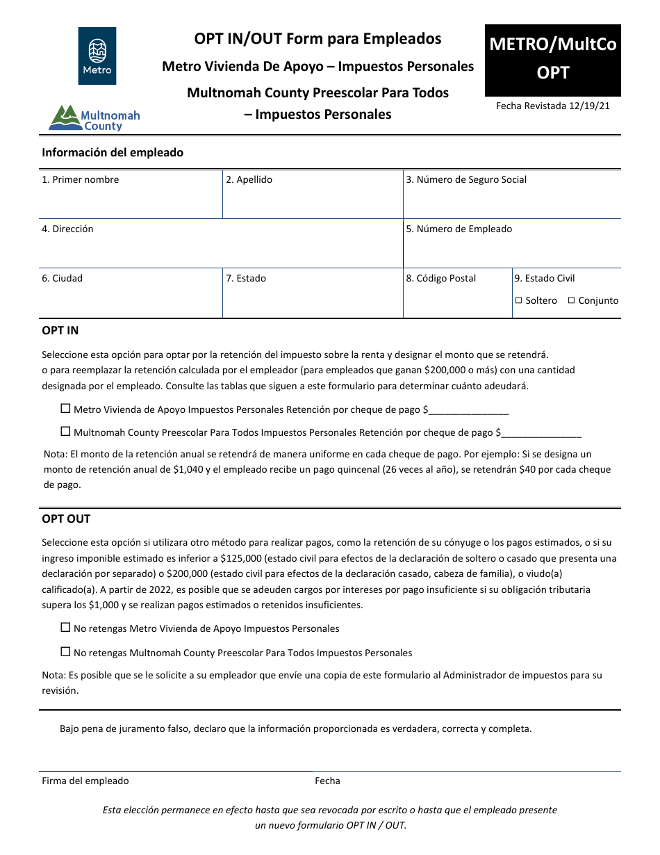 Formulario METRO / MULTCO OPT Opt in / Out Form Para Empleados - Metro Vivienda De Apoyo - Multnomah County Preescolar Para Todos - Impuestos Personales - Multnomah County, Oregon (Spanish), Page 1
