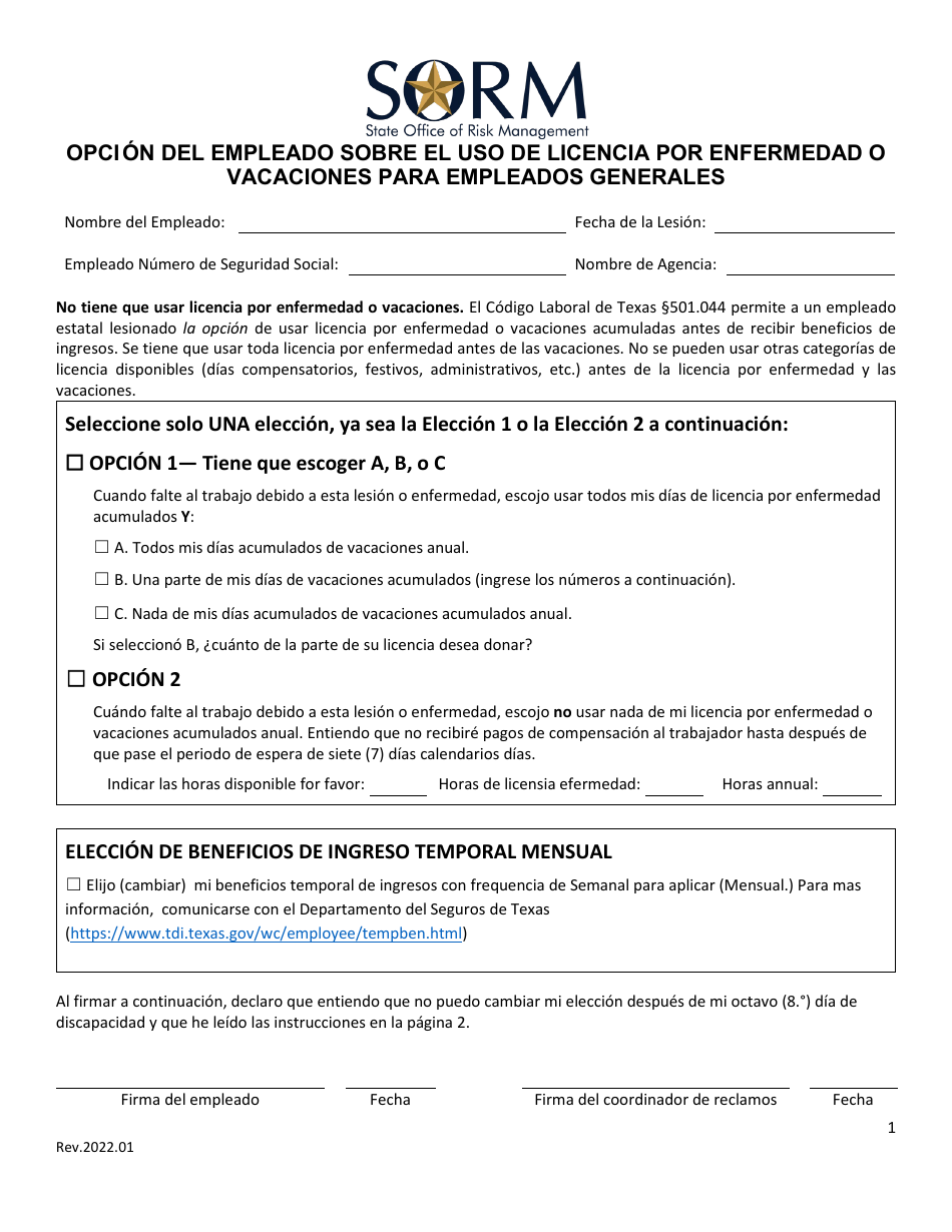Opcion Del Empleado Sobre El Uso De Licencia Por Enfermedad O Vacaciones Para Empleados Generales - Texas (Spanish), Page 1