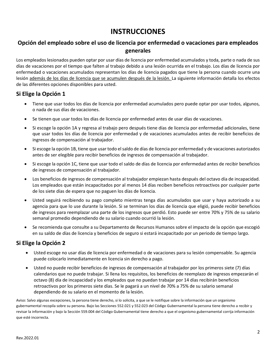 Opcion Del Empleado Sobre El Uso De Licencia Por Enfermedad O Vacaciones Para Empleados Generales - Texas (Spanish), Page 2