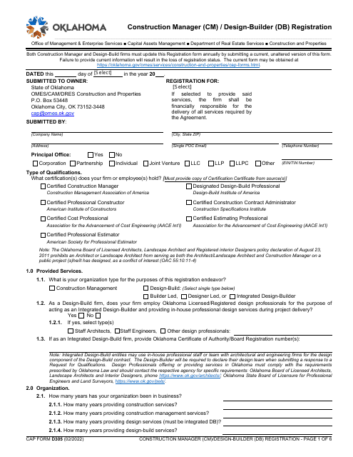CAP Form D305 Construction Manager (Cm)/Design-Builder (Db) Registration - Oklahoma