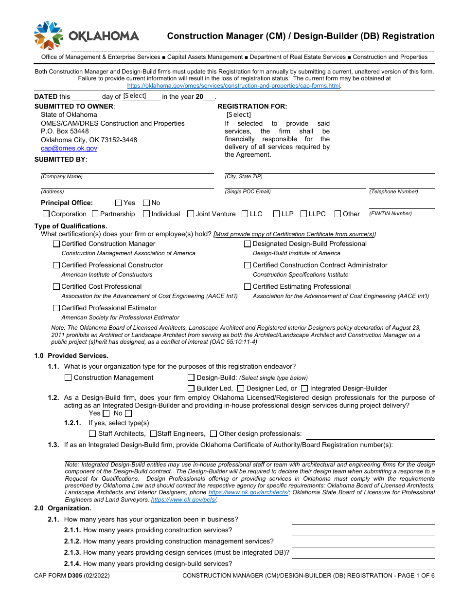 CAP Form D305 Construction Manager (Cm) / Design-Builder (Db) Registration - Oklahoma, Page 1