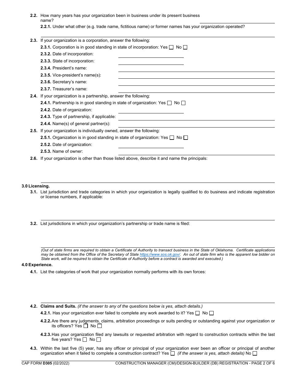 CAP Form D305 Construction Manager (Cm) / Design-Builder (Db) Registration - Oklahoma, Page 2