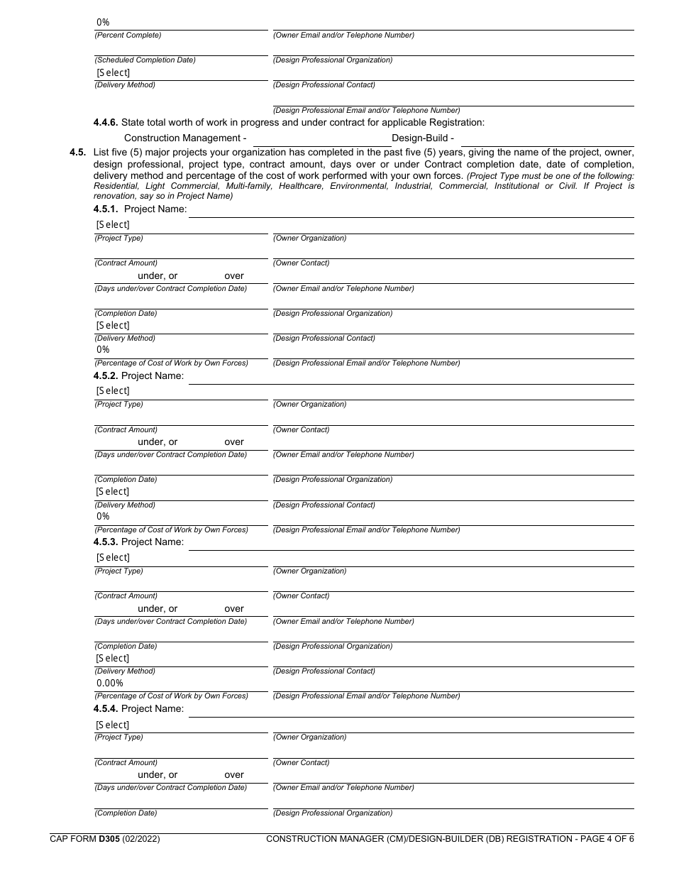 CAP Form D305 Construction Manager (Cm) / Design-Builder (Db) Registration - Oklahoma, Page 4