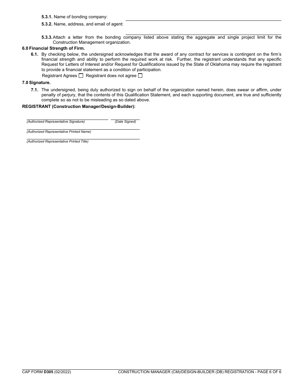 CAP Form D305 Construction Manager (Cm) / Design-Builder (Db) Registration - Oklahoma, Page 6