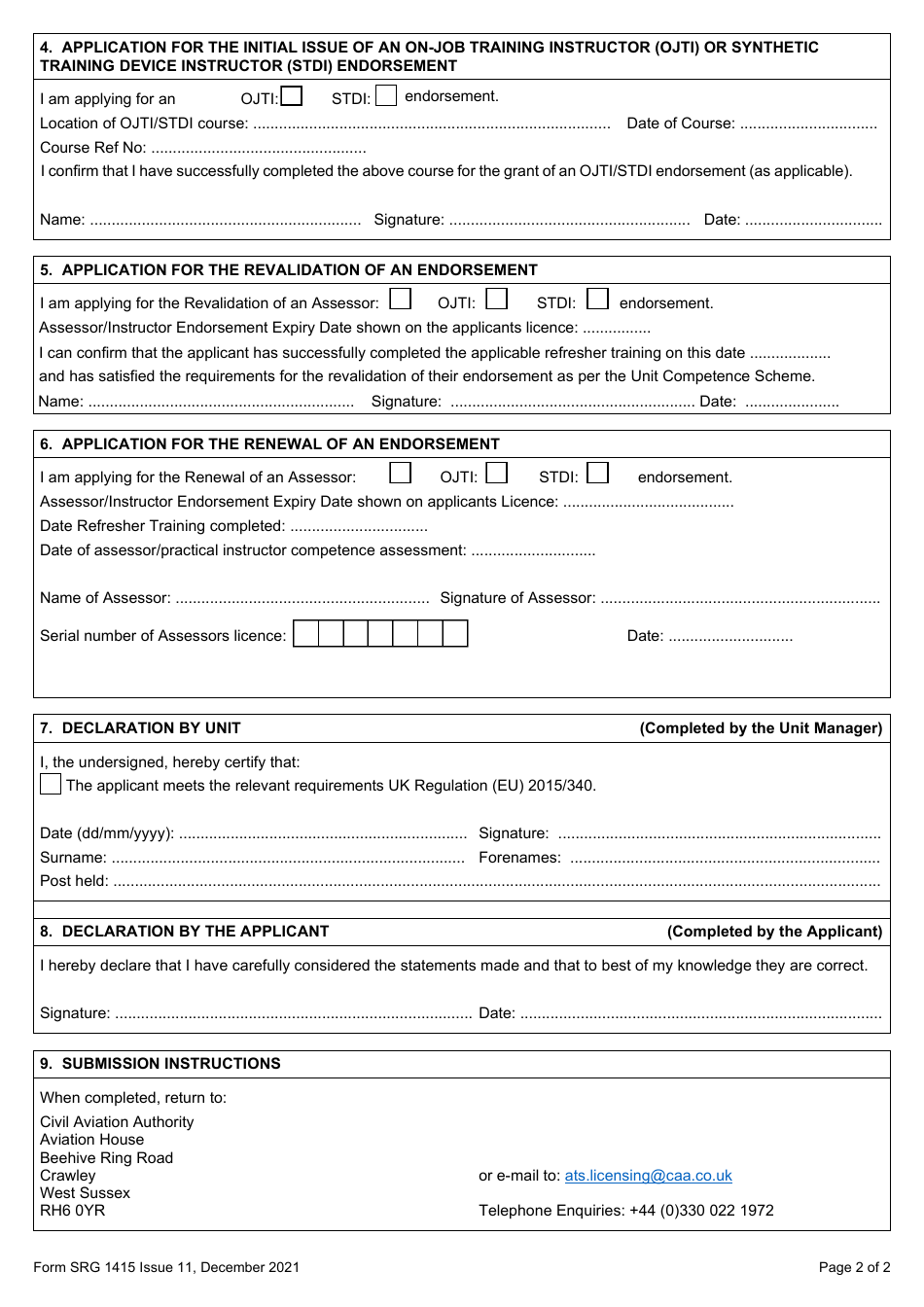 Form SRG1415 Application for the Issue, Revalidation or Renewal of an Atc Assessor, Ojti or Stdi Licence Endorsement - United Kingdom, Page 2
