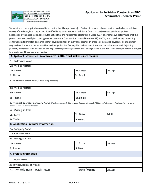 Application for Individual Construction (Indc) Stormwater Discharge Permit - Vermont Download Pdf
