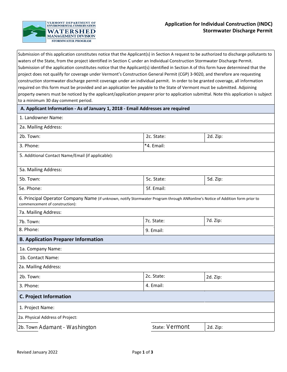 Application for Individual Construction (Indc) Stormwater Discharge Permit - Vermont, Page 1