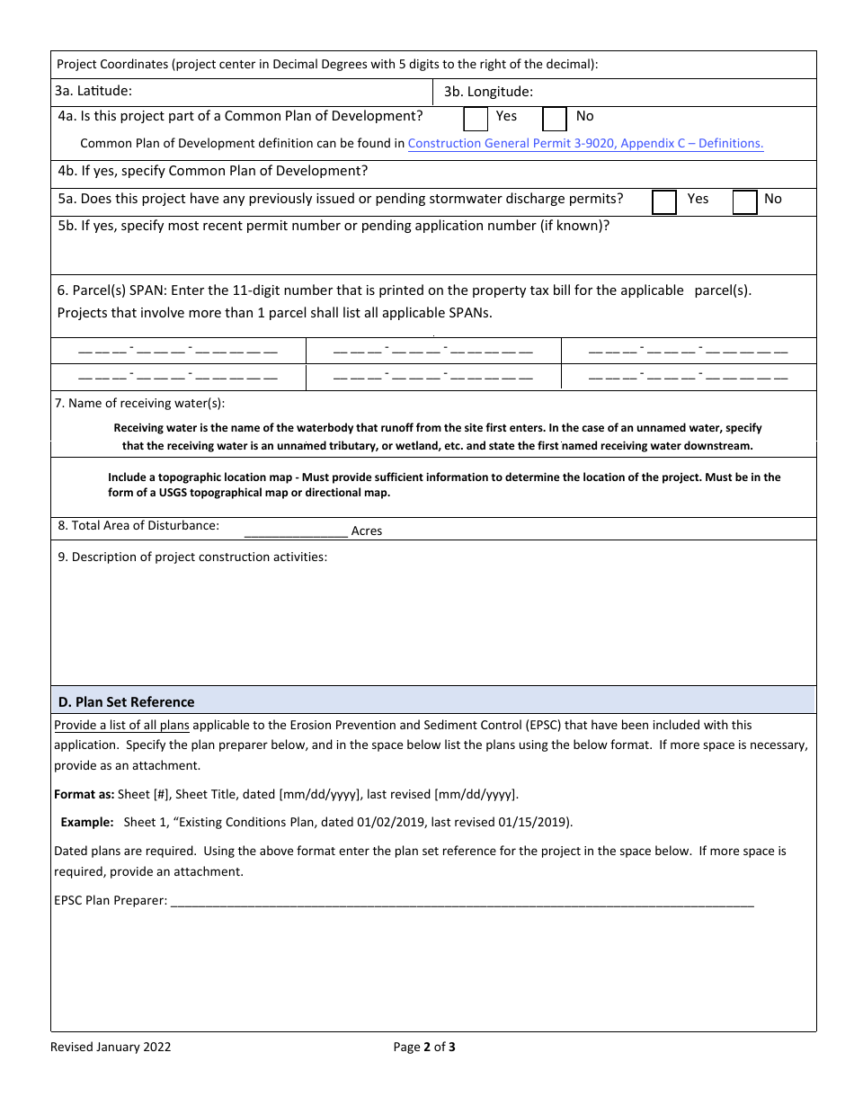 Application for Individual Construction (Indc) Stormwater Discharge Permit - Vermont, Page 2