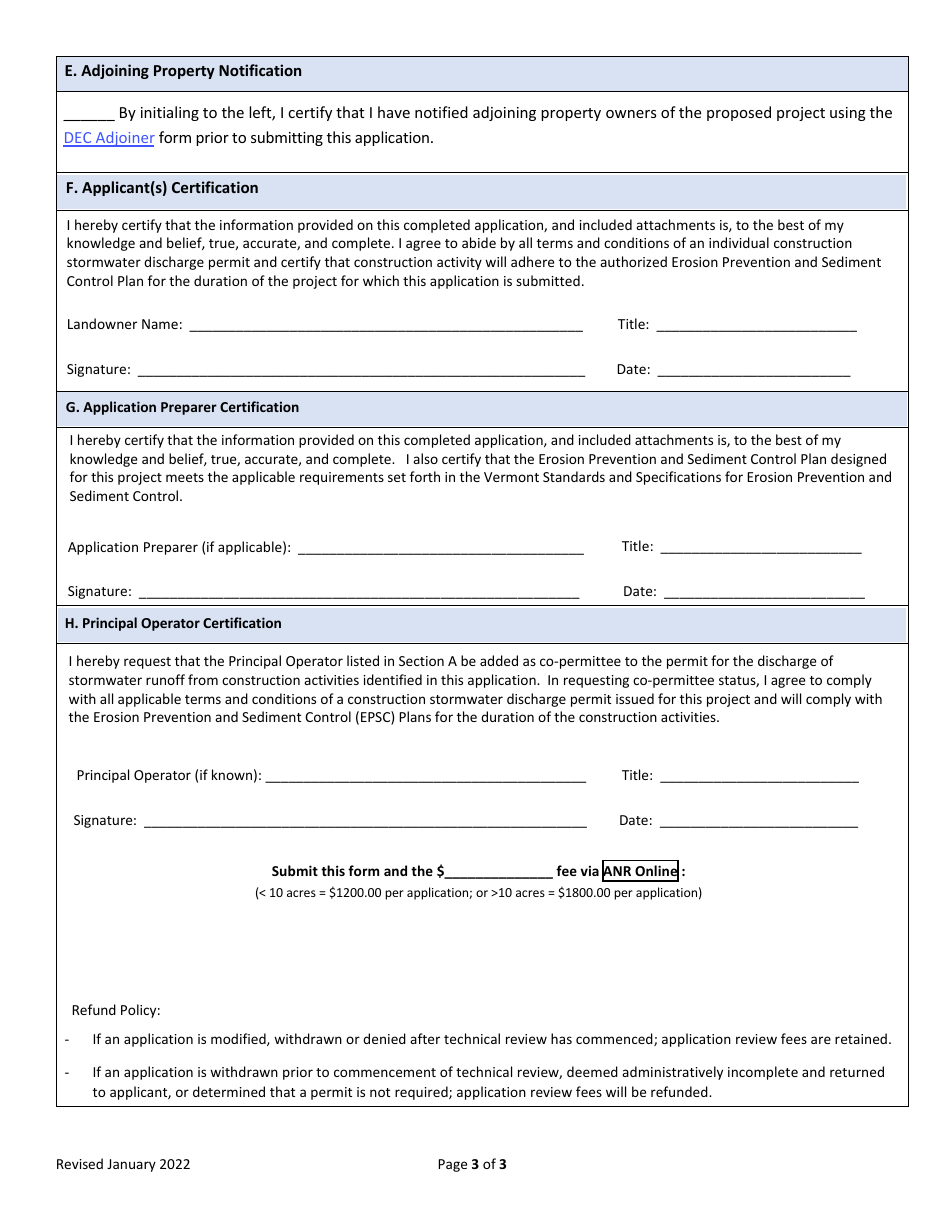 Application for Individual Construction (Indc) Stormwater Discharge Permit - Vermont, Page 3