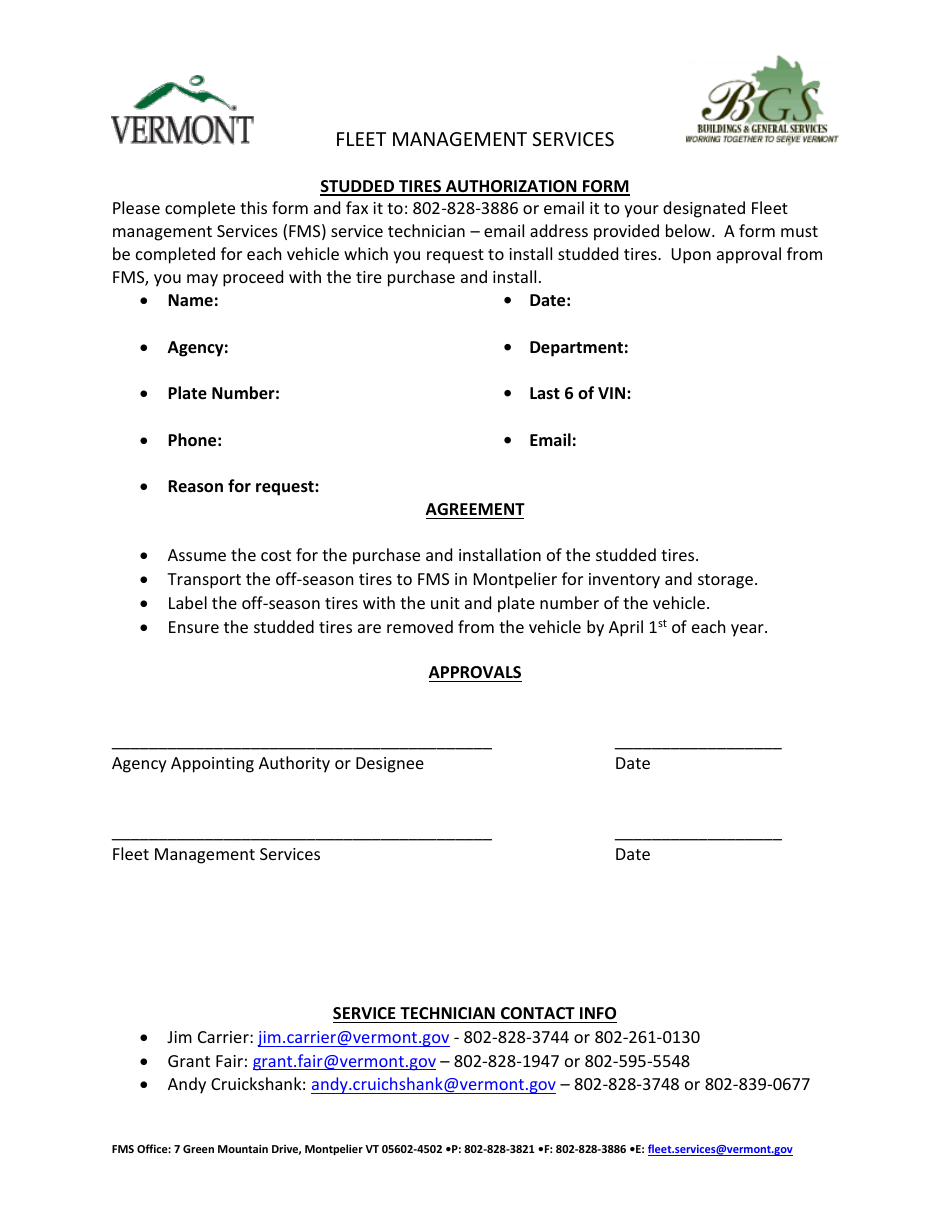 Studded Tires Authorization Form - Vermont, Page 1