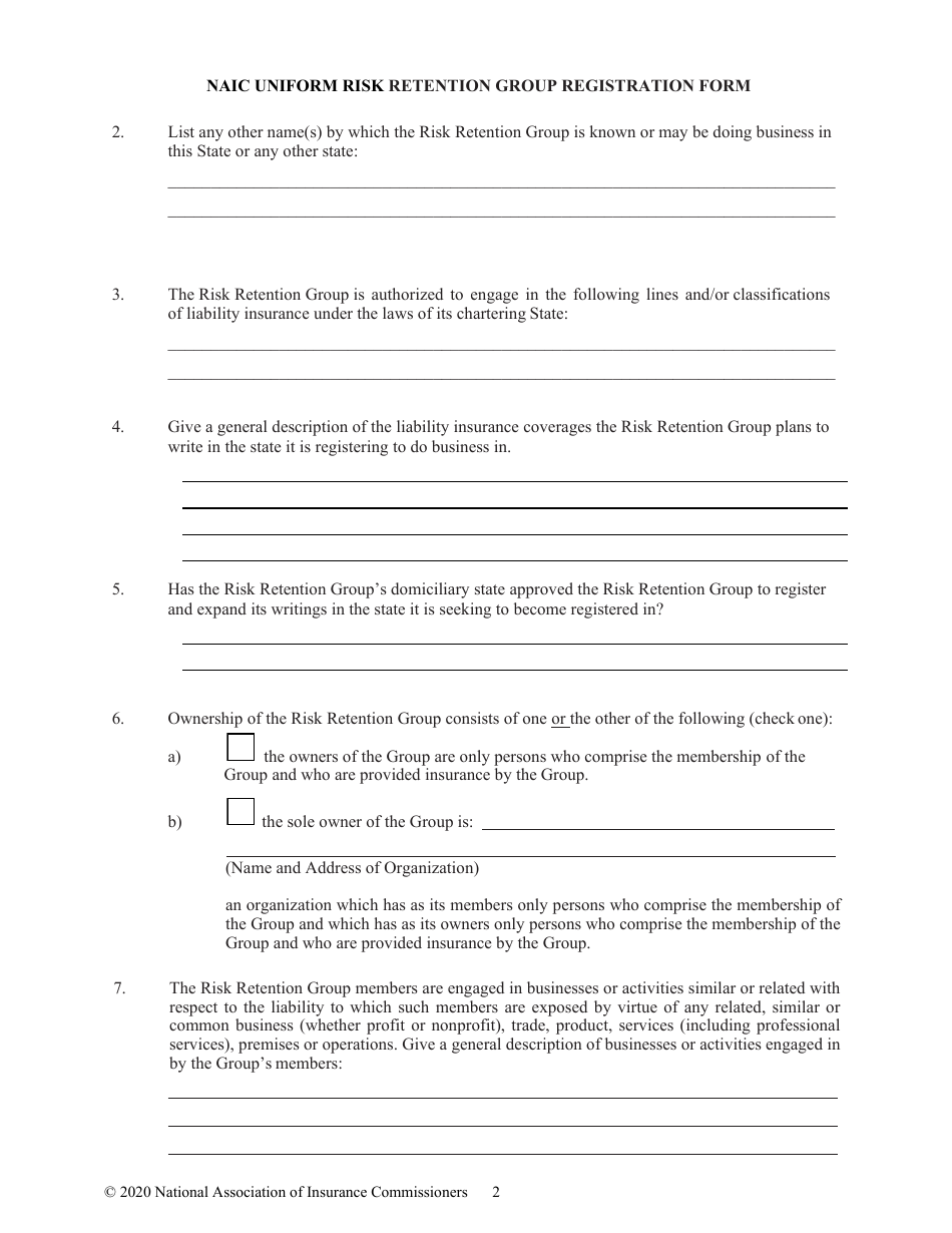 Appendix D Naic Uniform Risk Retention Group Registration Form, Page 2
