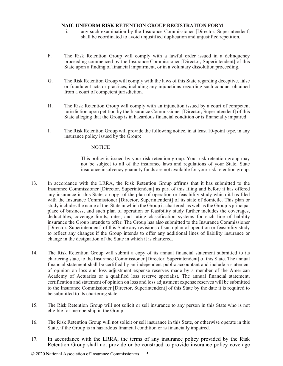 Appendix D Naic Uniform Risk Retention Group Registration Form, Page 5