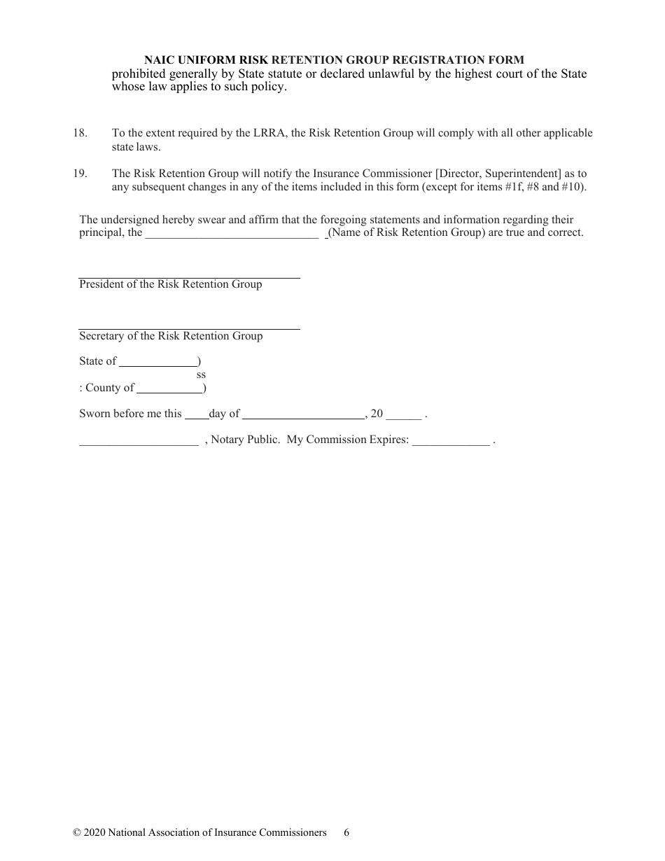 Appendix D Naic Uniform Risk Retention Group Registration Form, Page 6