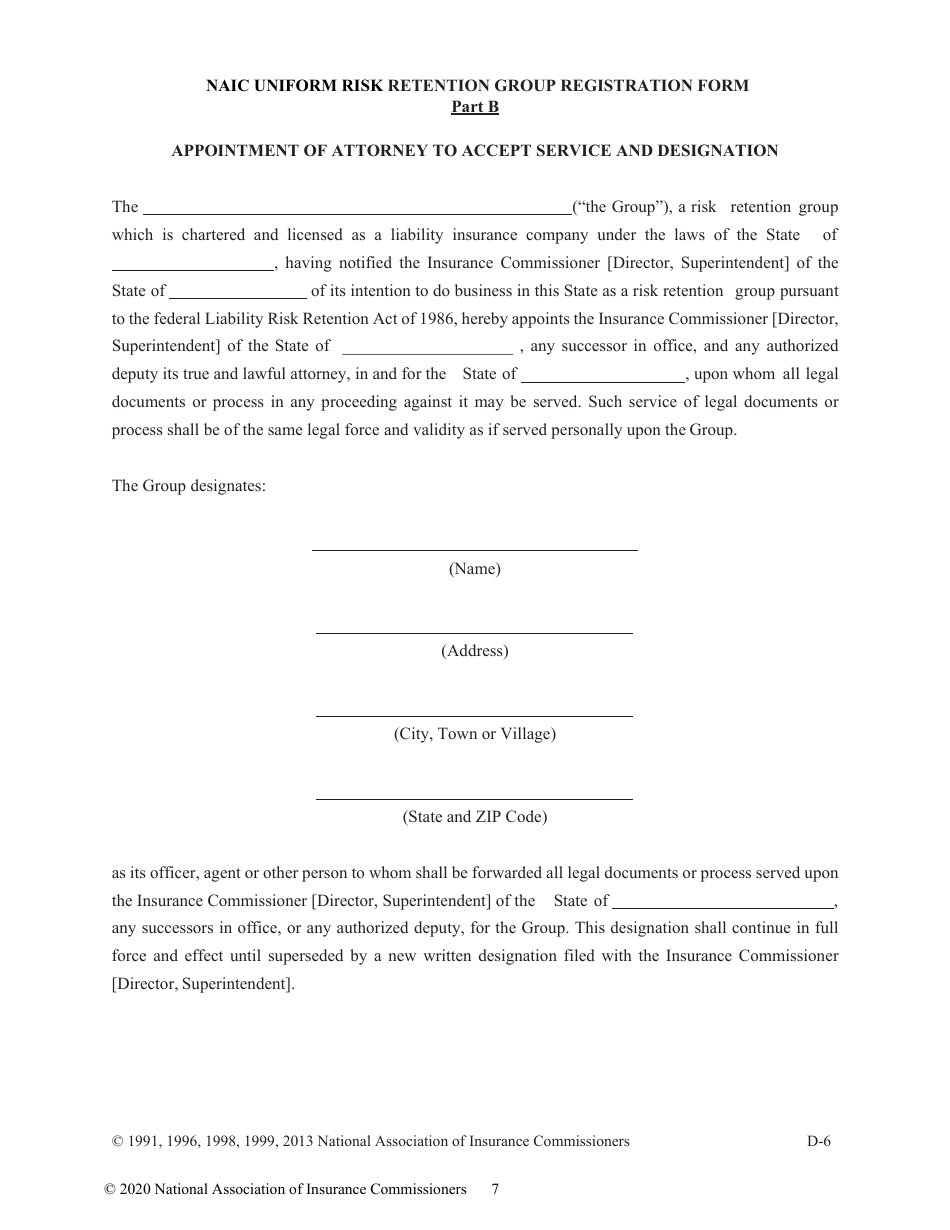 Appendix D Naic Uniform Risk Retention Group Registration Form, Page 7