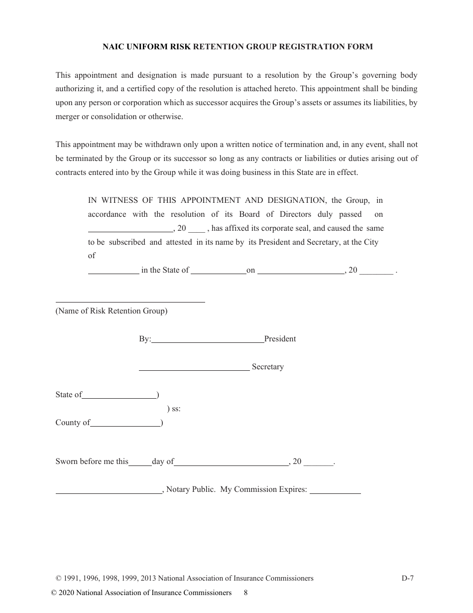 Appendix D Naic Uniform Risk Retention Group Registration Form, Page 8