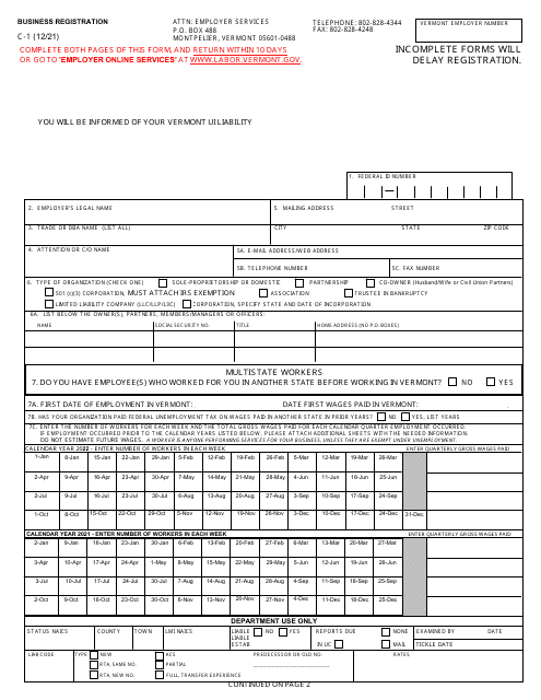 DOL Form C-1 Business Registration - Vermont