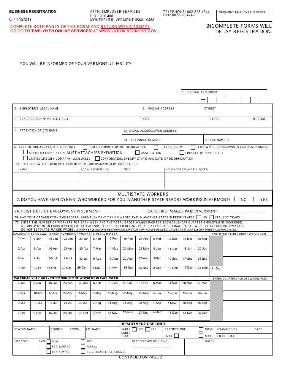 DOL Form C-1 Business Registration - Vermont, Page 1
