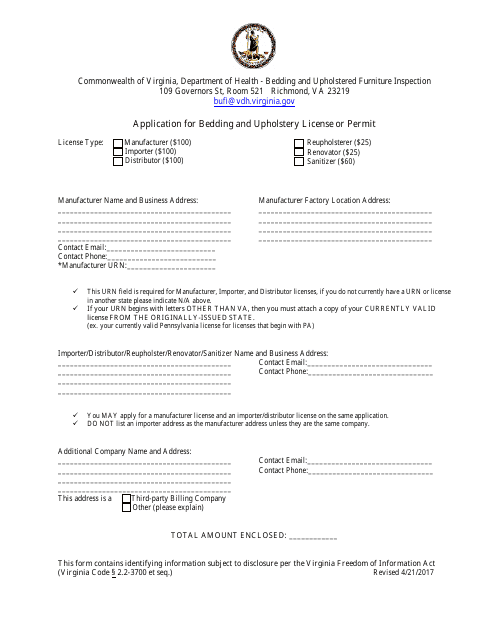 Application for Bedding and Upholstery License or Permit - Virginia Download Pdf