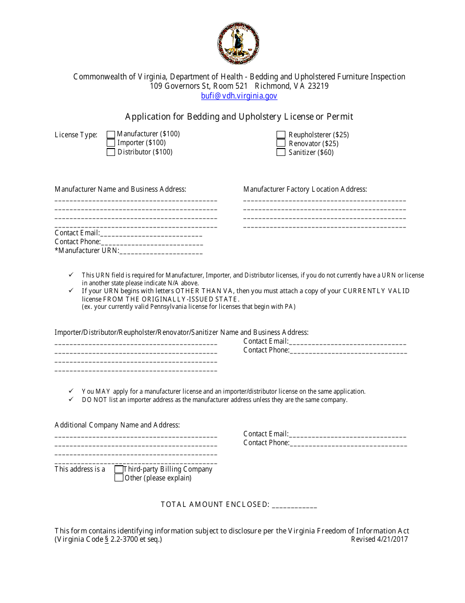 Virginia Application for Bedding and Upholstery License or Permit