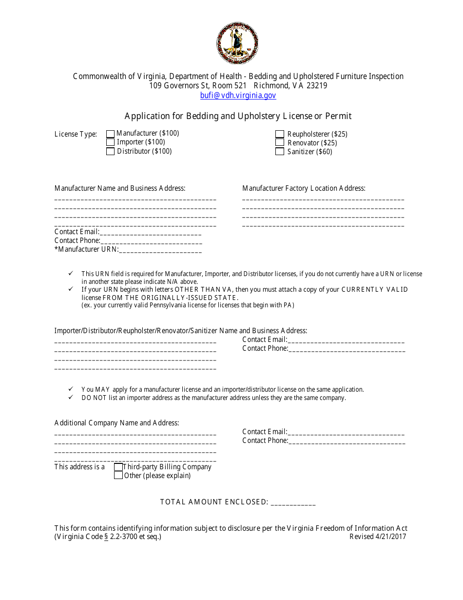 Application for Bedding and Upholstery License or Permit - Virginia, Page 1