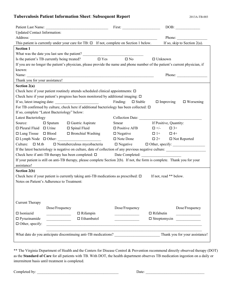 Form 2013A-TB-003 Tuberculosis Patient Information Sheet: Subsequent Report - Virginia, Page 1