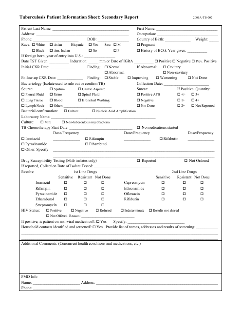 Form 2001A-TB-002 Tuberculosis Patient Information Sheet: Secondary Report - Virginia