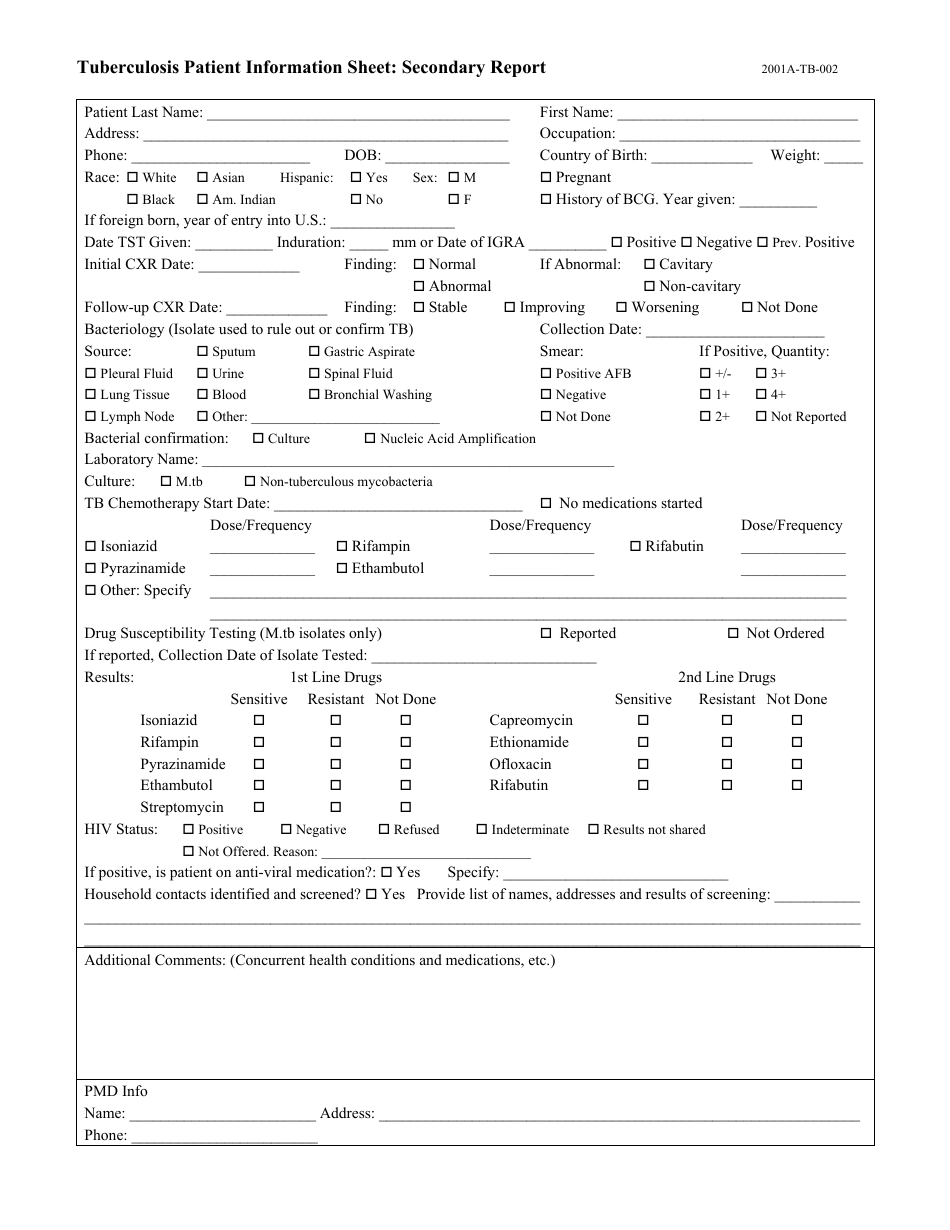 Form 2001A-TB-002 Tuberculosis Patient Information Sheet: Secondary Report - Virginia, Page 1